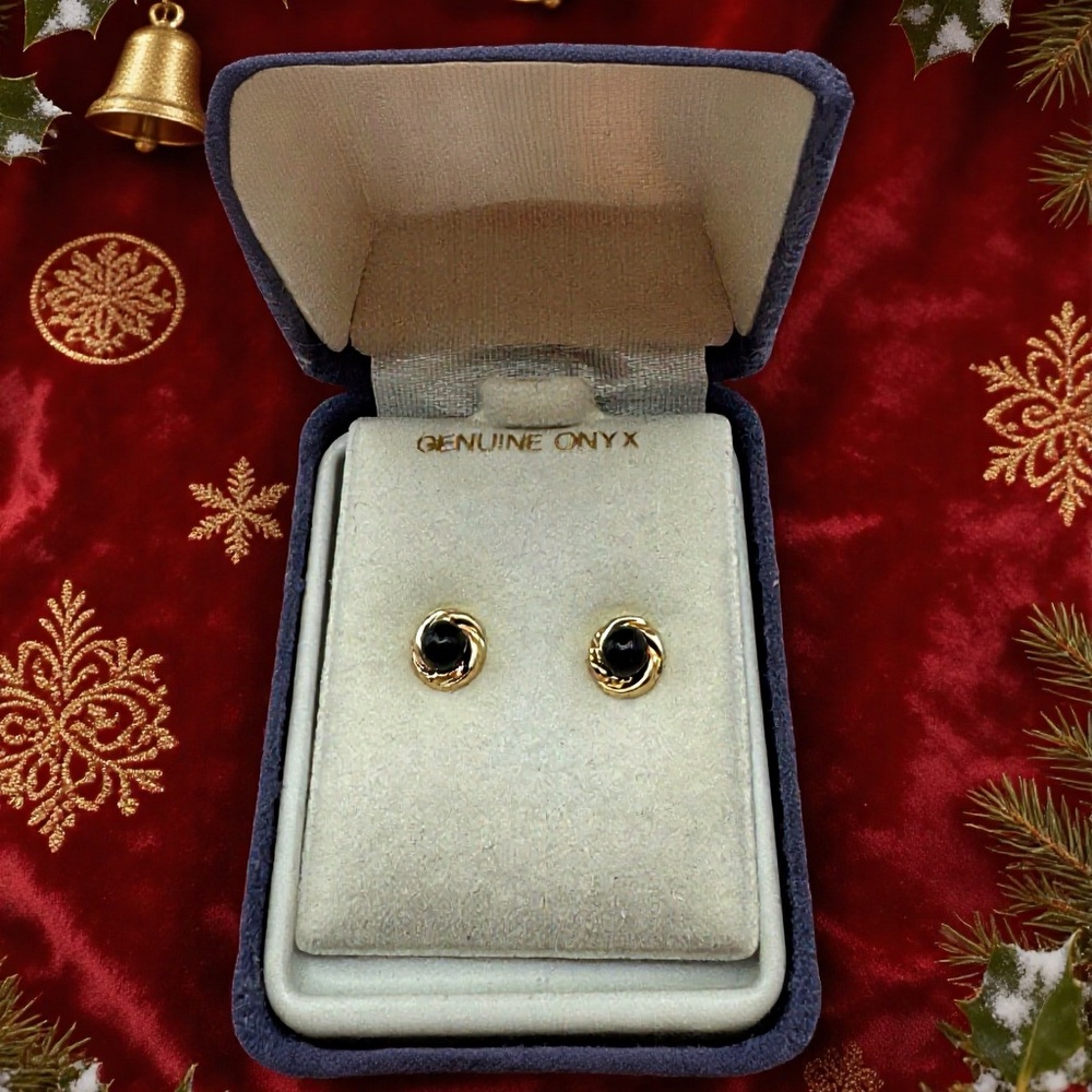 10K Yellow Gold Black Onyx 4MM  Women Stud Earrings Made In USA